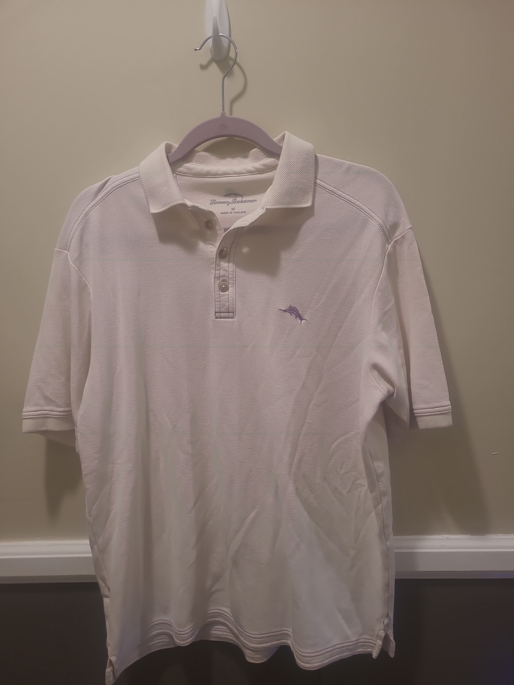 Tommy Bahama Shirt Polo Mens Medium Pima Cotton Blend White Purple Marlon